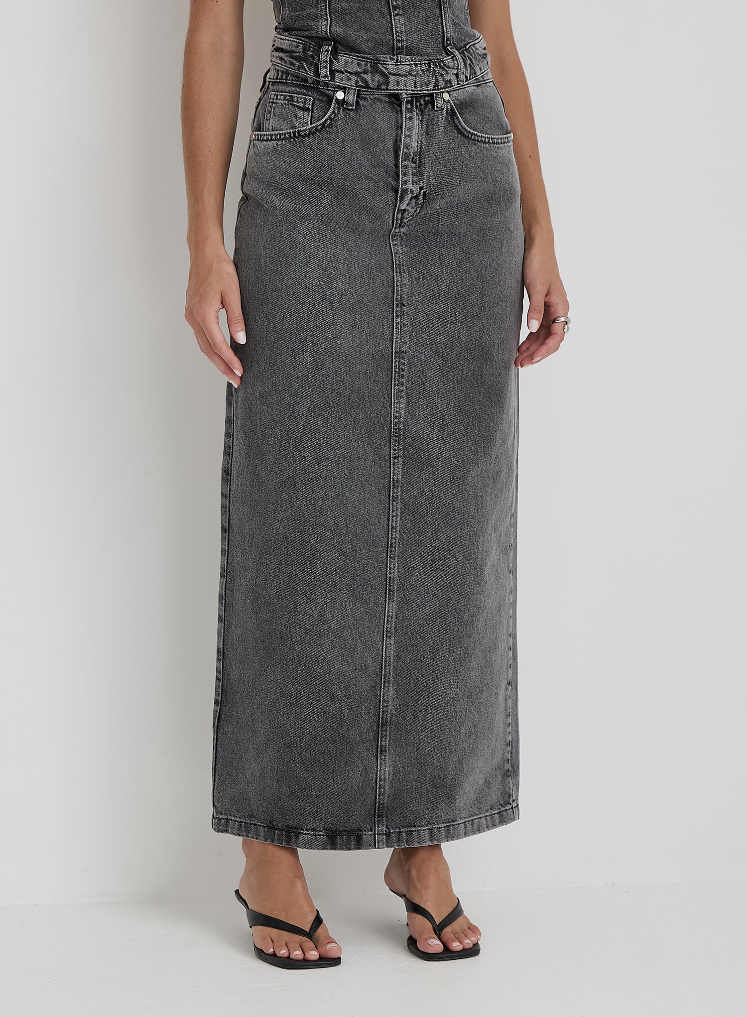 Washed Grey Denim Midaxi Skirt